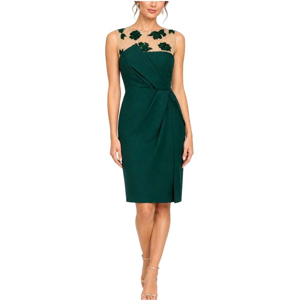 JS Collections Green Cocktail Dress Sequined Sleeveless Midi Sheath Size 10